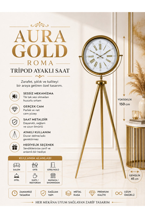 Aura Gold Tripod Ayaklı Dekoratif Saat