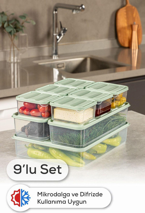 9lu Buzdolabı Dondurucu Organizer Ve Saklama Kabı Mint 6x(350ML) 2x(1,65LT) 1x(3,5LT)