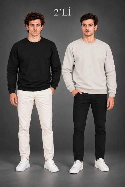 Erkek 2’li Paket Yumuşak Şardonlu Termal Konfor Bisiklet Yaka Sweatshirt Seti (Siyah - Gri)