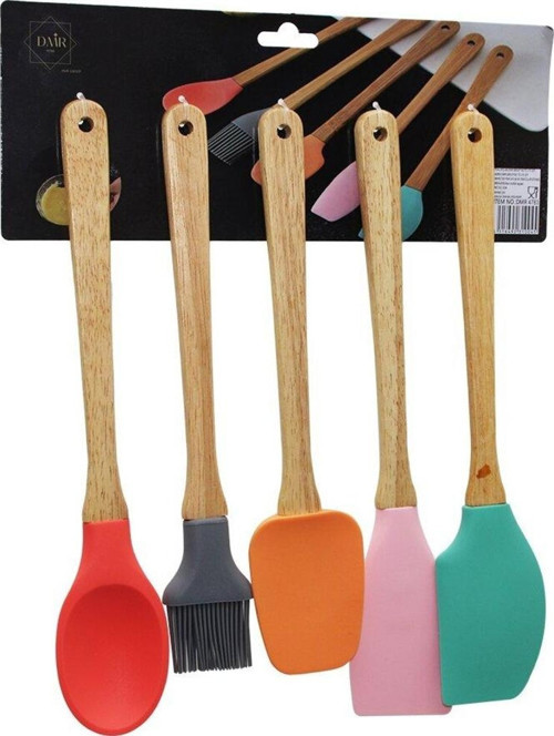 5 PARÇA AHŞAP SAPLI BÜYÜK RENKLİ SİLİKON MUTFAK SET FIRÇA - KAŞIK - SERVİS K. - SPATULA - KARIŞTIRICI (2818)