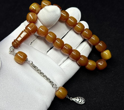 Bilek Boy Maskot Fıçı Model 13-12mm Püsküllü Sarı Renk Hareli Damarlı Sıkma Kehribar Tesbih