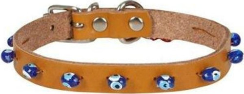 Boncuklu Deri Küçük Irk Köpek ve Kedi Boyun Tasması Large Camel 1.2x23-27 Cm