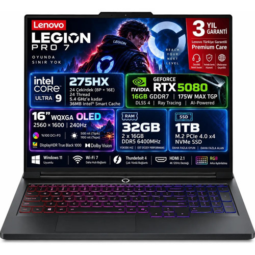 Legion Pro 7 Intel Core Ultra 9 275HX 32GB 1TB SSD RTX5080 Freedos 16" WQXGA Taşınabilir Bilgisayar 83F5004STR