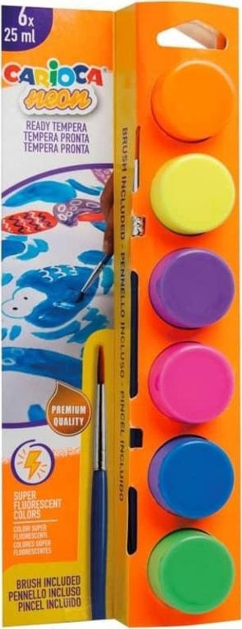 Tempera Yıkanabilir Poster Boya 25 ml x 6 Fosforlu Renk Fırçalı Set