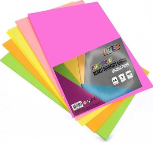 Zizu Renkli Fotokopi Kağıdı A4 Fosforlu 5 Renk 100'lü Paket