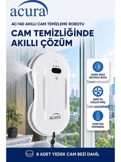 AC-140 Sıvı Püskürtmeli Aı Cam Silme Robotu | Uzaktan Kumandalı, 8 Yedek Ped Hediyeli