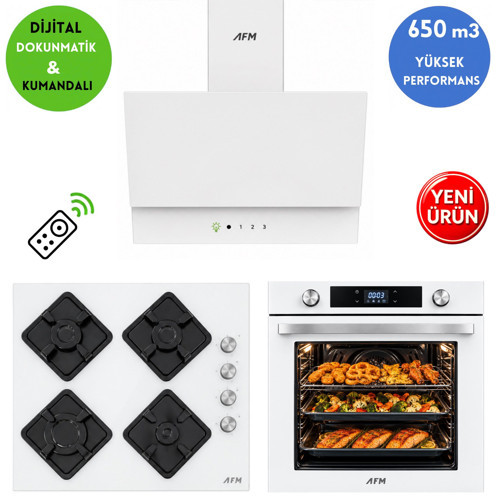 AFM Serisi EG-38 Beyaz Cam Turbo+Soğutma Dijital 3'lü Ankastre Set (Fırın + Ocak +Davlumbaz