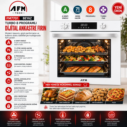 AFM Serisi EG-21 Beyaz Dijital Elektr. Vitro.3'lü Ankastre Set Fırın+Siyah Ocak+Da