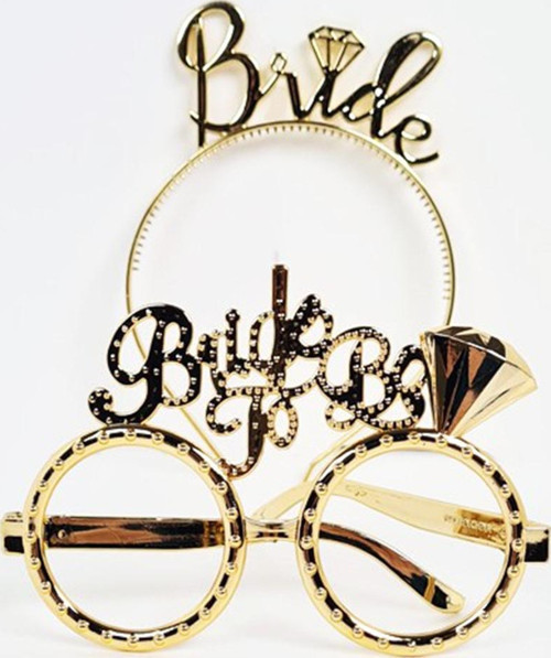 Bride Yazılı Taç ve Bride To Be Yazılı Gözlük Seti Altın Renk