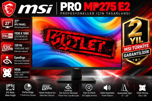 PRO MP275 E2 27" FHD 1920x1080 IPS 120Hz 1ms FreeSync – HDMI + DP + VGA – Dahili Hoparlör – VESA Flat Monitör
