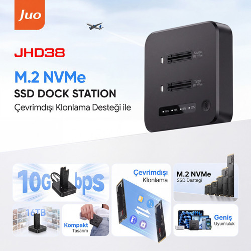 Juo JHD38 Dual M.2 NVMe SSD Offline Clone Docking Station 16TB Type-C 10Gbps USB 3.2 Klon Fonksiyonlu Disk İstasyonu 2