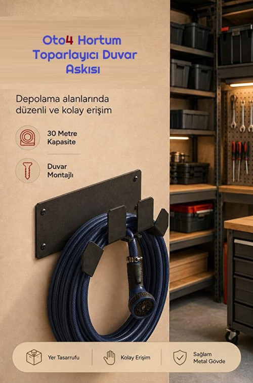 Oto4 Duvar Tipi Hortum Askısı Metal Bahçe Hortumu Tutucu 30 Metre Kapasiteli Dış Mekan Hortum Toparlayıcı Askı 4