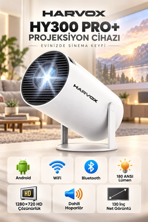Harvox HY300 Pro Ultra HD Taşınabilir Mini Projeksiyon Cihazı Döner Başlıklı Akıllı Ev Sinema Siste