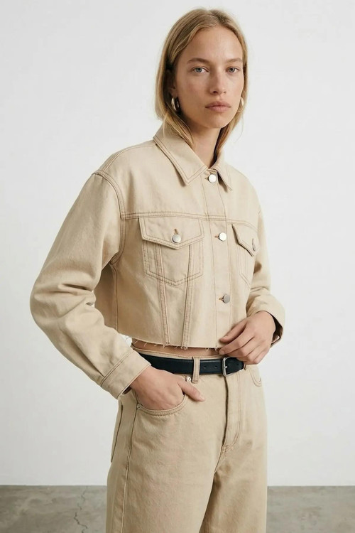 Dikiş Detaylı Crop Jean Ceket