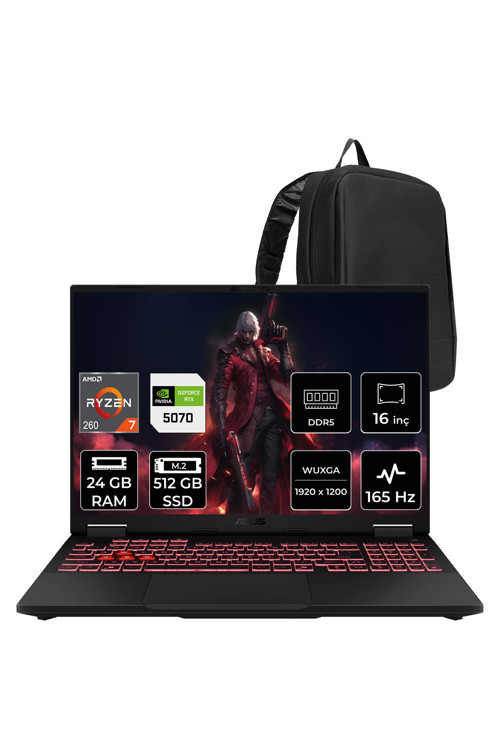 Tuf Gaming A16 Amd Ryzen 7 260 Rtx 5070 8Gb 115W 24Gb Ram 512Gb Ssd 16" Wuxga (1920X1200) 165Hz Freedos Fa608Up-Rv180P314 Gaming Laptop + Per4 Çanta