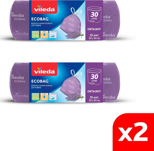 Büzgülü Lavanta Kokulu Çöp Torbası Orta Boy 15'li 2'li Paket