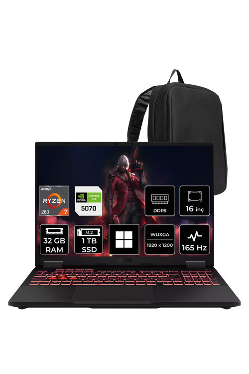 Tuf Gaming A16 Amd Ryzen 7 260 Rtx 5070 8Gb 115W 32Gb Ram 1Tb Ssd 16" Wuxga (1920X1200) 165Hz Win11 Pro Fa608Up-Rv180P441 Gaming Laptop + Per4 Çanta