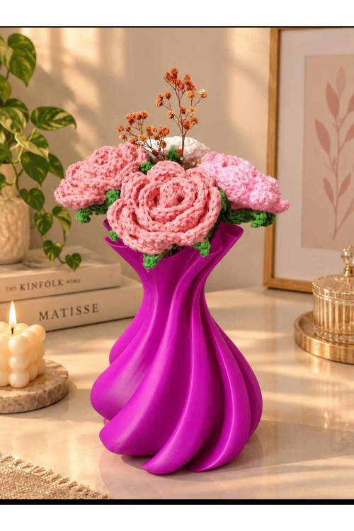 Mor Vazo- 4 Adet Örgü Gül- Sofistike Vazo Ve Gül-3D Yazıcı- Pla