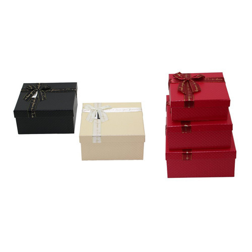 3PCS KARE MAT MİX RENKLİ - KABARTMA DESEN KARTON HEDİYE KUTUSU KURDELALI 19-17-15CM (5668)
