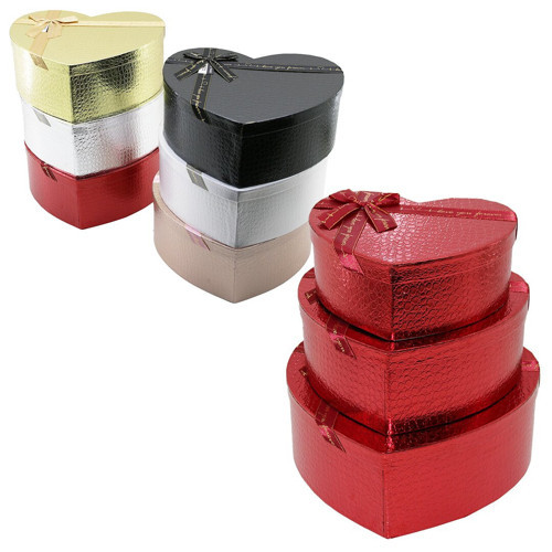 3PCS KALP PARLAK MİX RENKLİ - KABARTMA DESEN KARTON HEDİYE KUTUSU KURDELALI 31X28-27X24-23X20CM (566