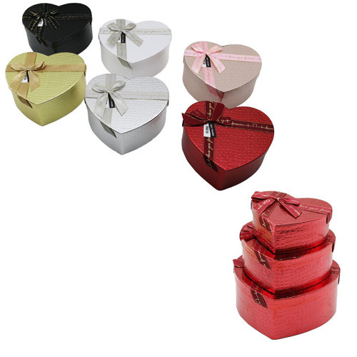 3PCS KALP PARLAK MİX RENKLİ - KABARTMA DESEN KARTON HEDİYE KUTUSU KURDELALI 22X20-19X17-16X14CM (566