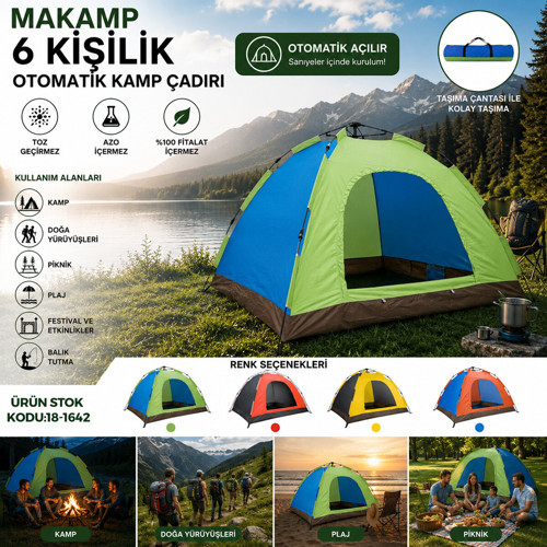 6 KİŞİLİK TOZ GEÇİRMEZ 220CMX250CMX165CM OTOMATİK KAMP ÇADIR HERHANGİ BİR RENK GÖNDERİLİR (5668)