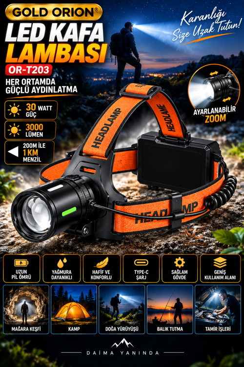 Gold Orion OR-203 30W 3000 Lümen Zoomlu Şarj Edilebilir Profesyonel Kafa Lambası