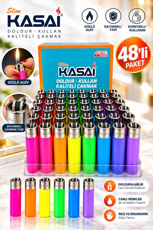 Slim 48’li Paket Gaz Dolumlu Çakmak Renkli Doldur Kullan Taşlı Model