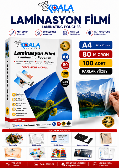 A4 80 Mikron Laminasyon Filmi 100 Adet Emlak Ofisi