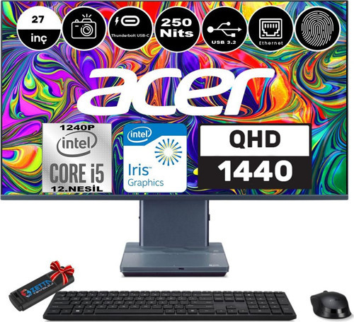 Aspıre S27-1755 Intel Core I5-1240P 32GB 1tb SSD 27" Wqhd 1440P Windows 11 Home Parmak Izi Okuyucu All In One Bilgisayar WHDQBKDEM005 + Zetta Flash Bellek