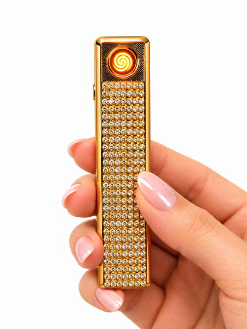 Taş İşlemeli USB Şarjlı Elektronik Çakmak Işıklı Premium Slim Tasarım