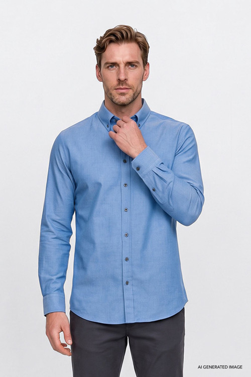 Erkek Mavi Pamuklu Yumuşak Dokulu Flanel Slim Fit Dar Kesim Düğmeli Yaka Gömlek