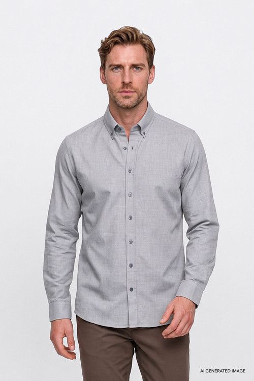 Erkek Açık Gri Pamuklu Yumuşak Dokulu Flanel Slim Fit Dar Kesim Düğmeli Yaka Gömlek