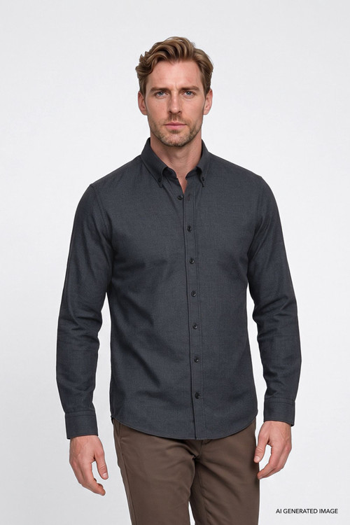 Erkek Antrasit Pamuklu Yumuşak Dokulu Flanel Slim Fit Dar Kesim Düğmeli Yaka Gömlek