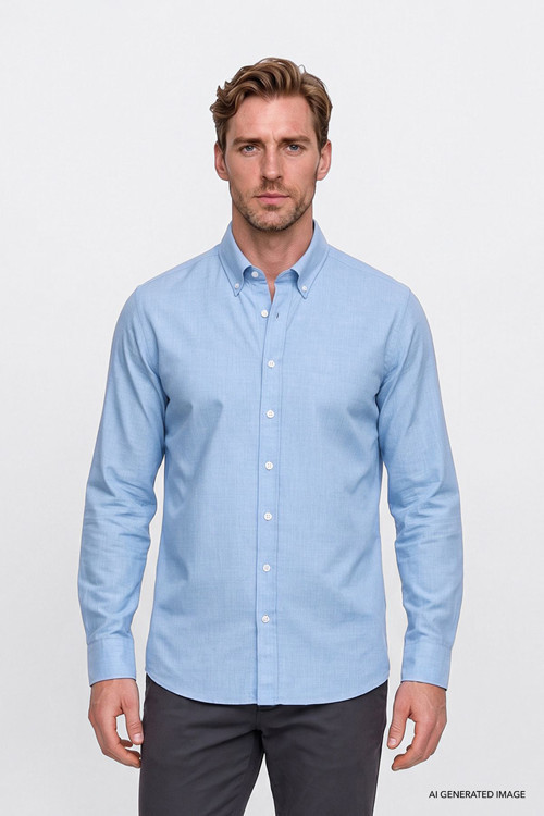 Erkek Açık Mavi Pamuklu Yumuşak Dokulu Flanel Slim Fit Dar Kesim Düğmeli Yaka Gömlek