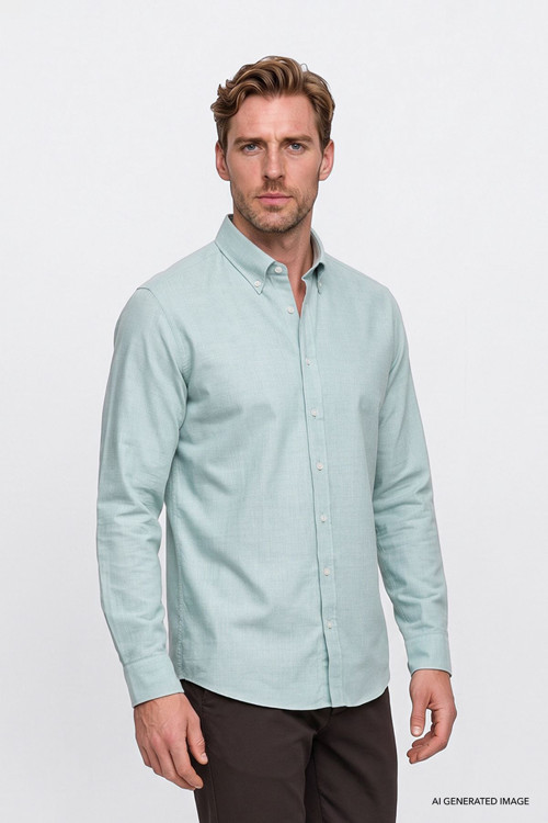 Erkek Açık Yeşil Pamuklu Yumuşak Dokulu Flanel Slim Fit Dar Kesim Düğmeli Yaka Gömlek