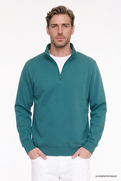 Erkek Koyu Yeşil Standart Fit Normal Kesim İçi Polarlı Bato Yaka Pamuklu Sweatshirt