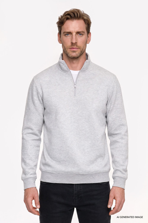 Erkek Gri Melanj Standart Fit Normal Kesim İçi Polarlı Bato Yaka Pamuklu Sweatshirt