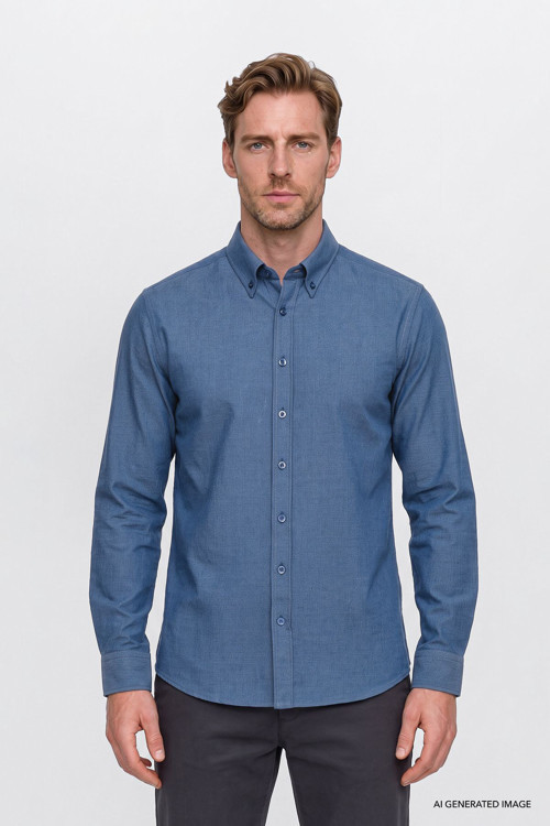 Erkek Lacivert Pamuklu Yumuşak Dokulu Flanel Slim Fit Dar Kesim Düğmeli Yaka Gömlek