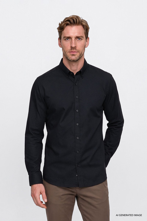 Erkek Siyah Pamuklu Yumuşak Dokulu Flanel Slim Fit Dar Kesim Düğmeli Yaka Gömlek