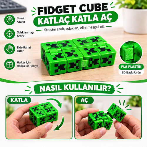 3D Baskı PLA Plastik Creeper Desenli Fidget Cube Katla Aç Stres Giderici Oyuncak