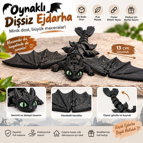 3D Baskı Oynak Dişsiz Ejderha Figürü - 13 cm