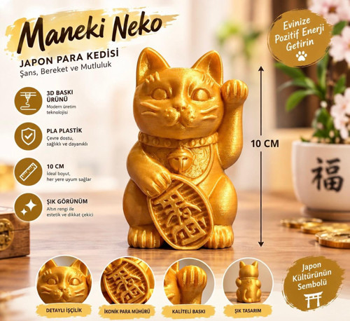 Maneki Neko Şans Kedisi Şans Bereket Ve Mutluluk Heykeli 10 cm Altın Renk