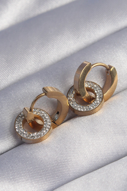316L Çelik Gold Renk Zirkon Taşlı İç İçe Geçmeli Oval Küpe - EBJ240629W25035
