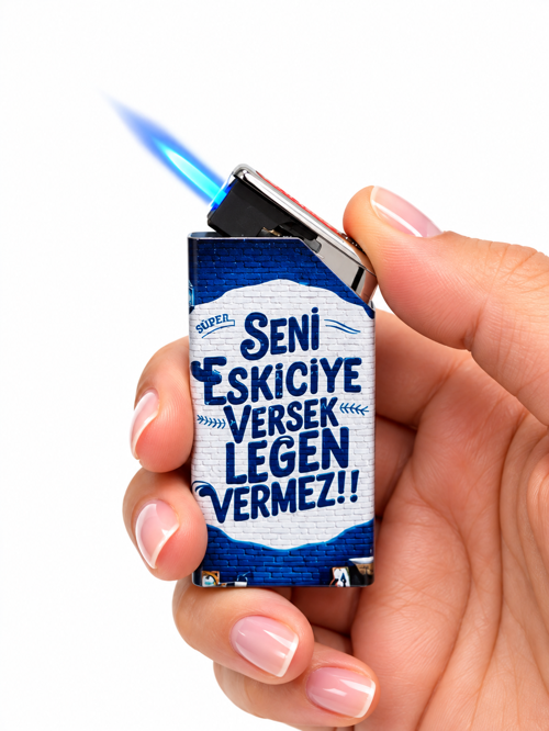 Esprili Yazılı Gaz Dolumlu Jet Alevli Çakmak Mavi Baskılı Metal Model