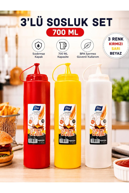 Titiz 3’lü 700 ml Sos Şişesi Seti Sızdırmaz Kapaklı Sarı Kırmızı Beyaz