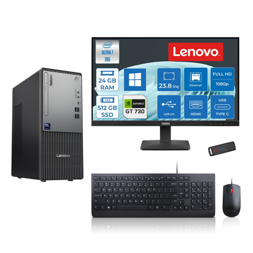 Thinkcentre Neo 50T Gen 6 Intel Core Ultra 7 265 Upto 5,3ghz 24GB Ddr5 512GB SSD 4GB/GT730 WIN11PRO +23.8"fhd Mon. Masaüstü Bilgisayar 2413BD007WTR25P07+ZETTAUSBBELLEK