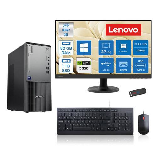 Thinkcentre Neo 50T Gen 6 Intel Core Ultra 7 265 Upto 5,3ghz 80GB Ddr5 1tb SSD 8GB/RTX5050 WIN11PRO +27"fhd Mon. Masaüstü Bilgisayar 2713BD007WTR24P28+ZETTAUSBBELLEK