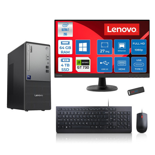 Thinkcentre Neo 50T Gen 6 Intel Core Ultra 7 265 Upto 5,3ghz 64GB Ddr5 4tb SSD 4GB/GT730 WIN11PRO +27"fhd Mon. Masaüstü Bilgisayar 2713BD007WTR25P25+ZETTAUSBBELLEK