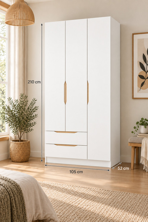 Alin 3 Kapaklı 2 Çekmeceli Gardırop - Elbise Dolabı - J Soft Kulp - Beyaz